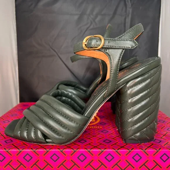 TORY BURCH Kira Quilted Block Heel Dark Seaweed Sandals size 8.5 - Picture 3 of 11